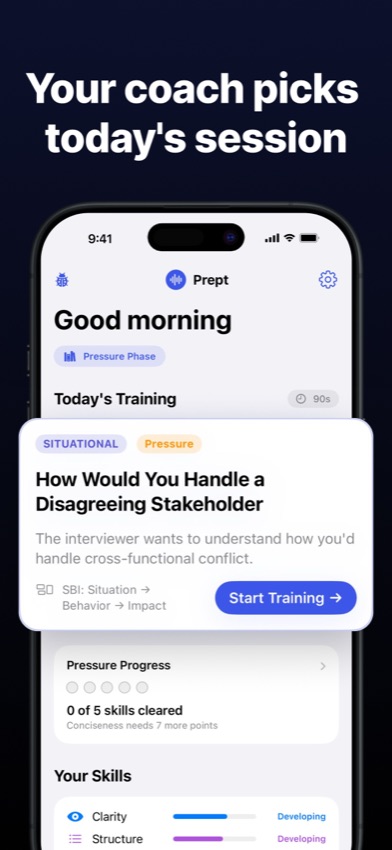 Prept app — the Sessions tab showing saved practice history and progress